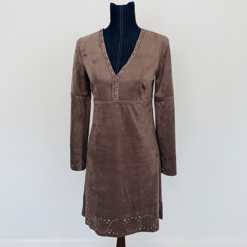 Taupe Color Suede A-Line, V-Neck dress